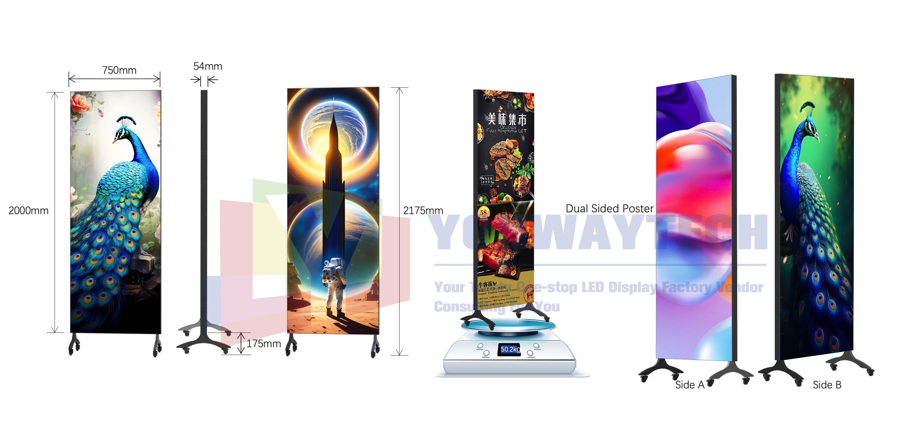 750x2000 LED ပိုစတာ P1.2 P1.5 P1.9 P2.5 P2.6 P2.9 P3.9 မိုးလုံလေလုံ နှစ်ဘက်ခြမ်း LED မျက်နှာပြင် အပြည့်အဝ ရှေ့ဝန်ဆောင်မှု