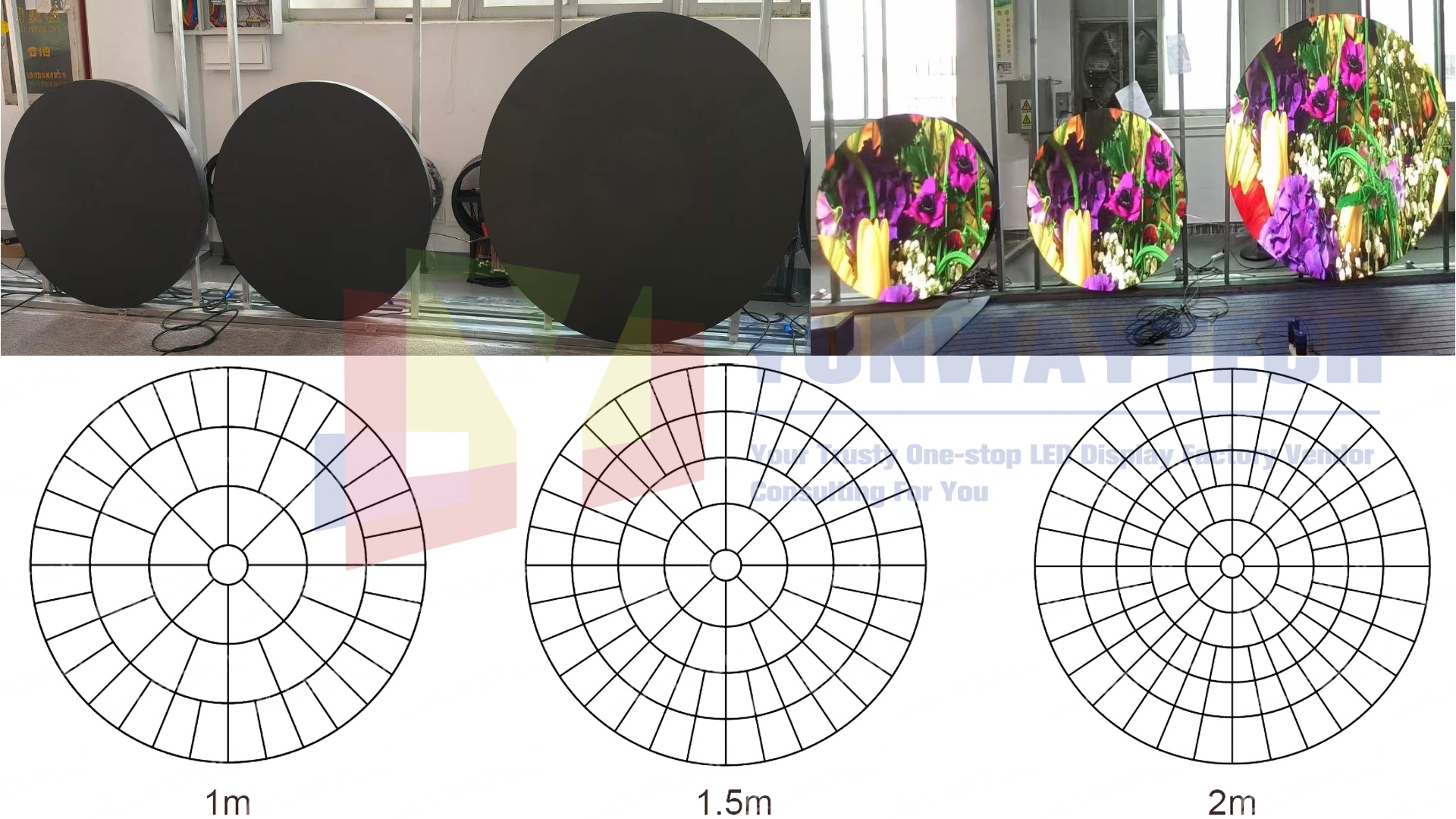 P2 P2.5 နယ်နိမိတ်မဲ့ စက်ဝိုင်း led log display သည် စက်ဝိုင်းပုံ led မျက်နှာပြင်